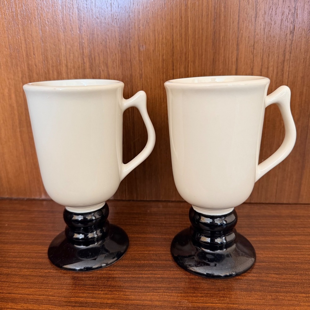 Vintage MCM Hall China 1272 Irish Coffee Mugs Set‎ of 2 Cream Black Pedestal USA